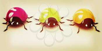 Ladybirds on a white background. 3D illustration. Vintage style.