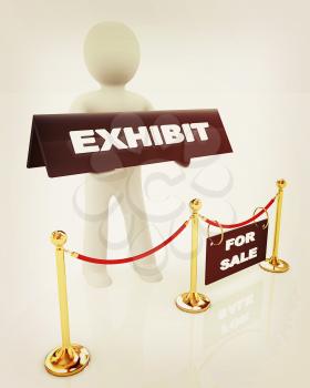 3d man opens the exhibition on a white background. 3D illustration. Vintage style.