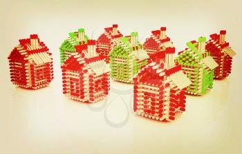 Log houses from matches pattern with the best percent on white . 3D illustration. Vintage style.