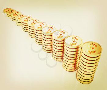 Gold dollar coin stack isolated on white . 3D illustration. Vintage style.