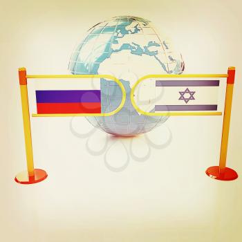 Three-dimensional image of the turnstile and flags of Russia and Israel on a white background . 3D illustration. Vintage style.