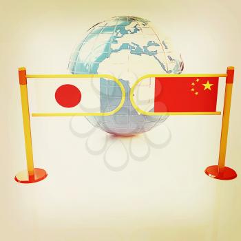 Three-dimensional image of the turnstile and flags of China and Japan on a white background . 3D illustration. Vintage style.