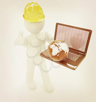 3D small people - an international engineer with the laptop and earth on a white background. 3D illustration. Vintage style.