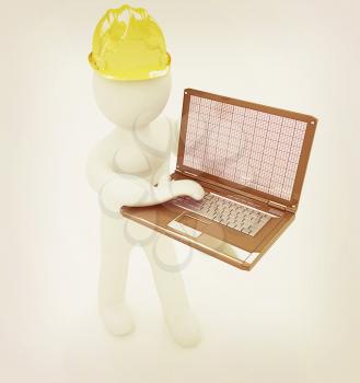 3D small people - an engineer with the laptop on a white background. 3D illustration. Vintage style.