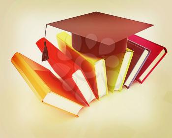 Colorful books and graduation hat on a white background. 3D illustration. Vintage style.