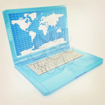 Laptop with world map on screen on a white background. 3D illustration. Vintage style.