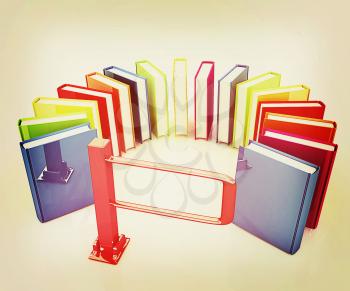 Colorful books in a semicircle and tourniquet to control. The concept of the exam on a white background. 3D illustration. Vintage style.