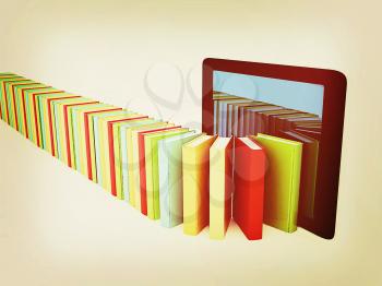 tablet pc and colorful real books on white background. 3D illustration. Vintage style.