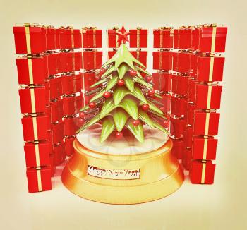 Christmas tree and gifts on a white background. 3D illustration. Vintage style.