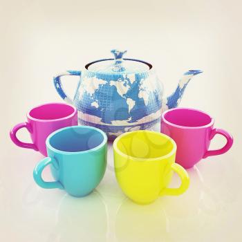 colorfull cups and teapot for earth. Globally. Drink for the entire planet.Concept of communication. 3D illustration. Vintage style.