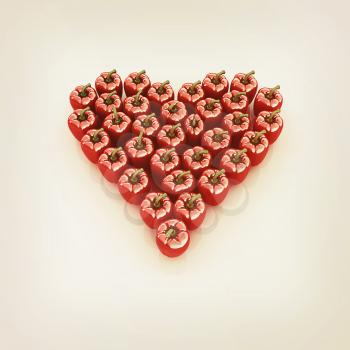 Bulgarian Pepper Heart Shape, On White Background. 3D illustration. Vintage style.