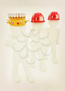 3d people - man, person with a golden crown. King with person with a hard hat. 3D illustration. Vintage style.