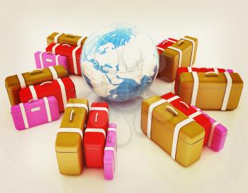 travel bags and earth on white . 3D illustration. Vintage style.