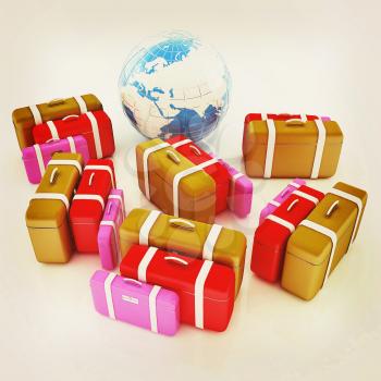 travel bags and earth on white . 3D illustration. Vintage style.