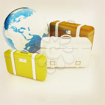travel bags and earth on white . 3D illustration. Vintage style.