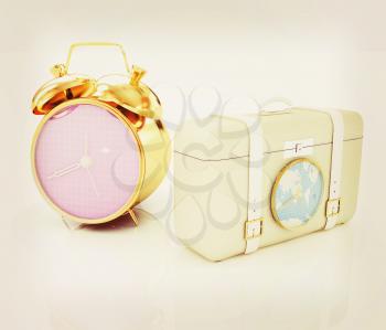 Suitcases for travel and clock. 3D illustration. Vintage style.