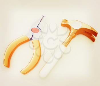 pliers and hammer. 3D illustration. Vintage style.