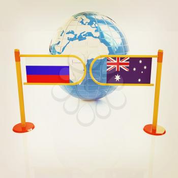 Three-dimensional image of the turnstile and flags of Russia and Australia on a white background . 3D illustration. Vintage style.