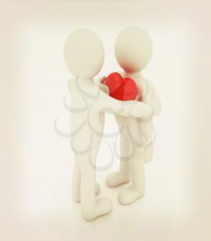 3d mans holding his hand to his heart and 3d people hug . Concept: From the heart . 3D illustration. Vintage style.