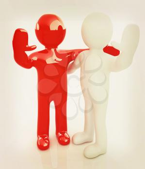 Friends standing next to an embrace and raised one's hand for greeting. 3d image. Isolated white background. . 3D illustration. Vintage style.