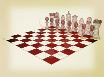 Chessboard with chess pieces. 3D illustration. Vintage style.