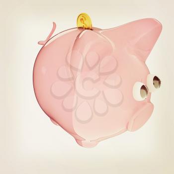 Piggy bank with gold coin on white. 3D illustration. Vintage style.