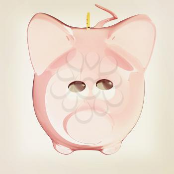 Piggy bank with gold coin on white. 3D illustration. Vintage style.