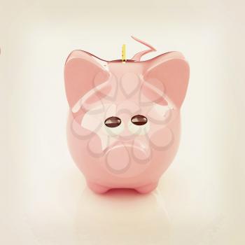 Piggy bank with gold coin on white. 3D illustration. Vintage style.