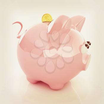 Piggy bank with gold coin on white. 3D illustration. Vintage style.