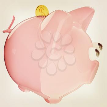 Piggy bank with gold coin on white. 3D illustration. Vintage style.