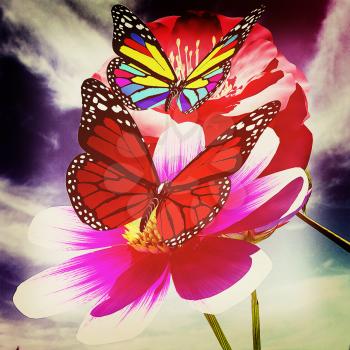 Beautiful Flower and butterfly against the sky . 3D illustration. Vintage style.