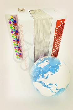 Musical instruments - bayan and Earth. Global musical concept. 3D illustration. Vintage style.