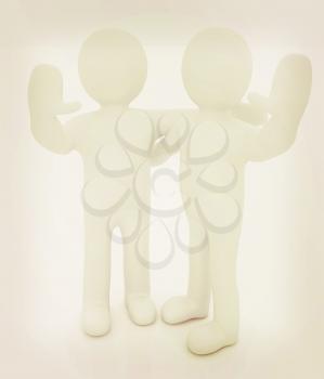 Friends standing next to an embrace and raised one's hand for greeting. 3d image. Isolated white background.. 3D illustration. Vintage style.