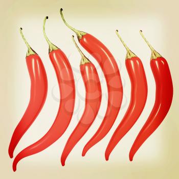 Hot chilli pepper set isolated on white background. 3D illustration. Vintage style.