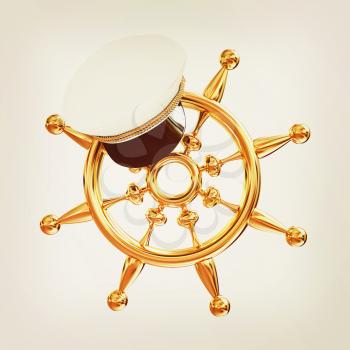 Marine cap on gold marine steering wheel on a white background. 3D illustration. Vintage style.