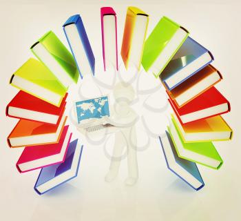 Colorful books like the rainbow and 3d man with laptop on a white background. 3D illustration. Vintage style.