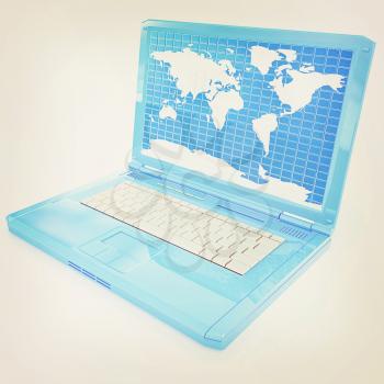 Laptop with world map on screen on a white background. 3D illustration. Vintage style.