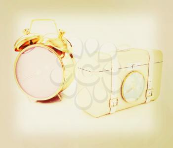 Suitcases for travel and clock. 3D illustration. Vintage style.