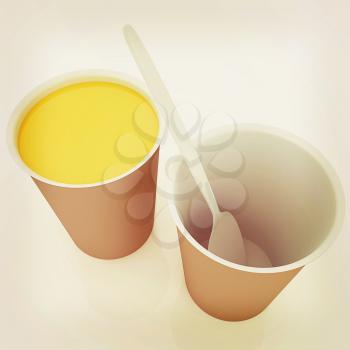 Orange juice in a fast food dishes. 3D illustration. Vintage style.