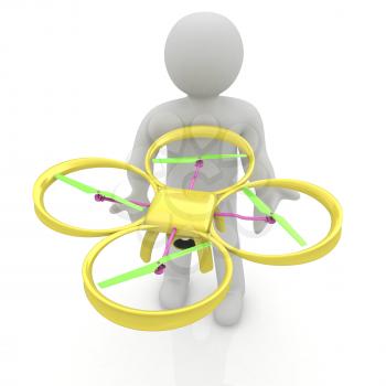 3d man with drone, quadrocopter, with photo camera. 3d render. 3D render