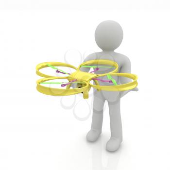 3d man with drone, quadrocopter, with photo camera. 3d render. 3D render