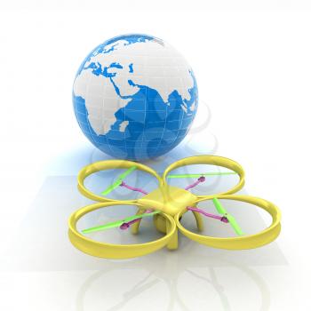 Quadrocopter Drone with Earth Globe and remote controller on a white background. 3d illustration