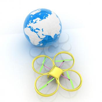 Quadrocopter Drone with Earth Globe and remote controller on a white background. 3d illustration