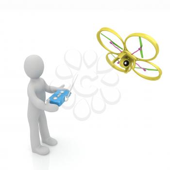 3d man with drone, quadrocopter, with photo camera. 3d render. 3D render