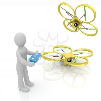 3d man with drone, quadrocopter, with photo camera. 3d render. 3D render