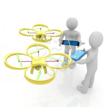 3d white people. Man flying a white drone with camera. 3D render