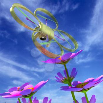 Drone, quadrocopter, with photo camera against the sky and Beautiful Cosmos Flower. 3D illustration