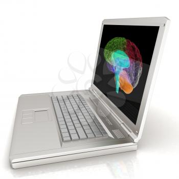 creative three-dimensional model of  human brain scan on a digital laptop. 3d render