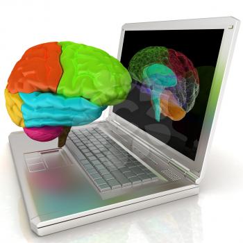 creative three-dimensional model of real human brain and scan on a digital laptop. 3d render