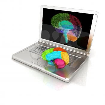 creative three-dimensional model of real human brain and scan on a digital laptop. 3d render